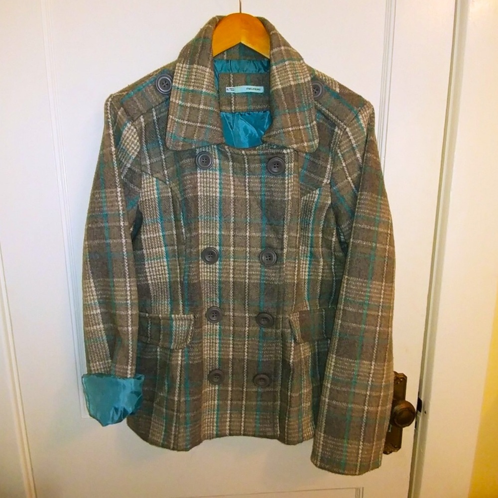 EUC blue & gray plaid pea coat sz XL